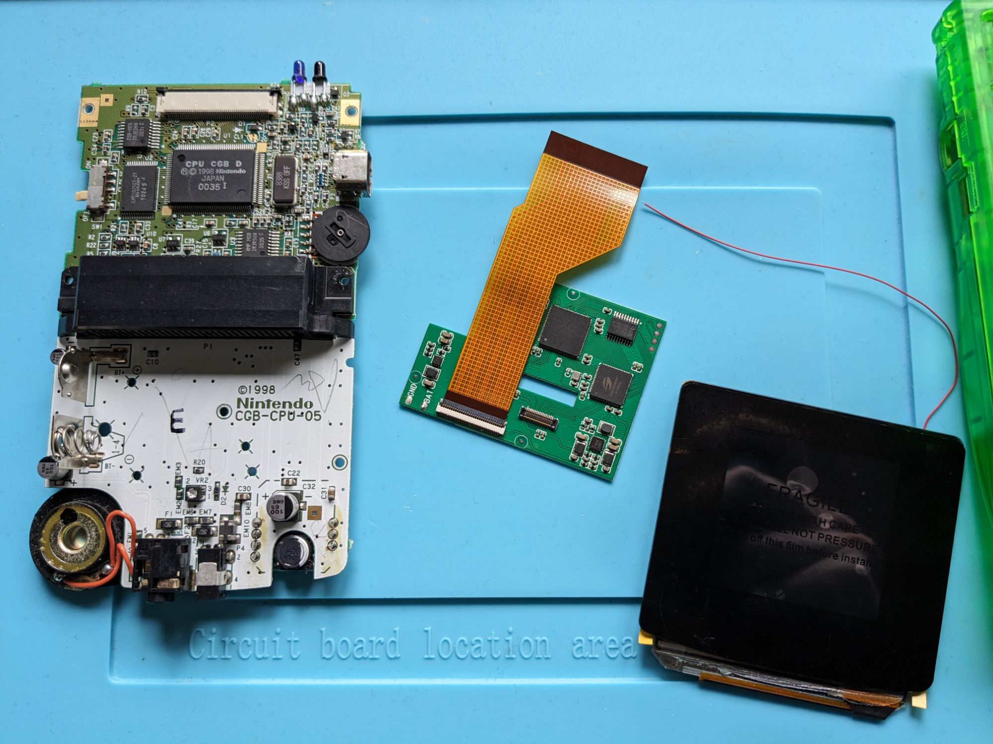 Game Boy Colour motherboard and laminated OLED screen kit